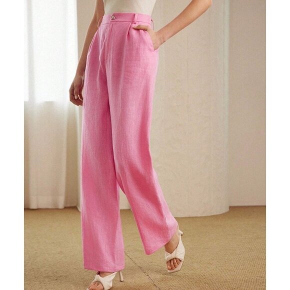 PINK LINEN FOLD PLEATED STRAIGHT LEG SUIT PANTS - Picture 7 of 8